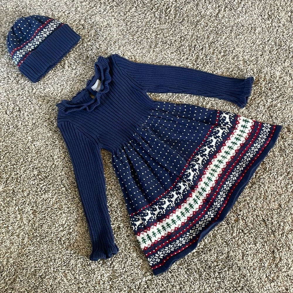 Navy Blue Knit Kids Dress with Hat
